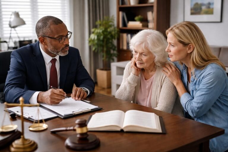 Lawyer advising elderly woman and daughter on nursing home abuse case.