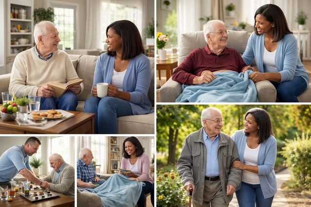 Caregiver helping elderly man with daily companion care.