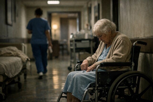 cElderly person alone in a nursing home hallway