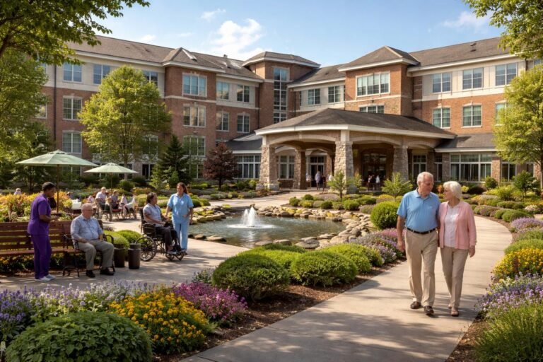 Jewish Home of Rochester courtyard with seniors and caregivers