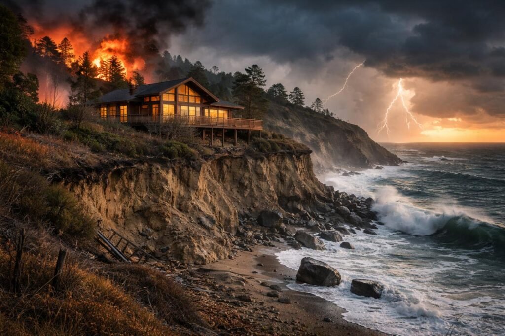 High-risk coastal home facing wildfire, erosion, and lightning hazards.