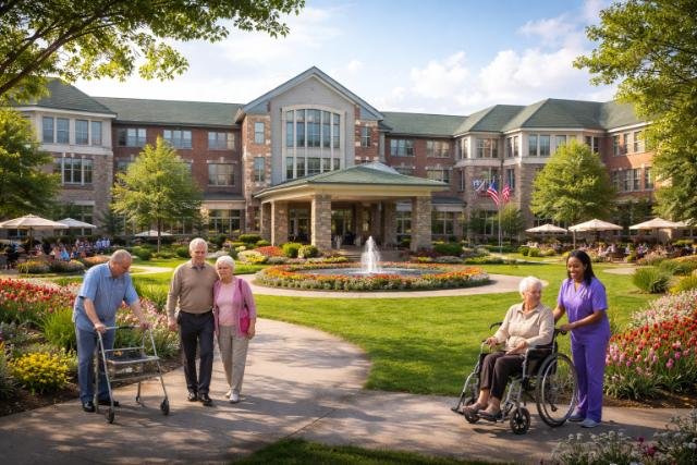 Jewish Home of Rochester senior care facility with residents and caregivers outside in garden.