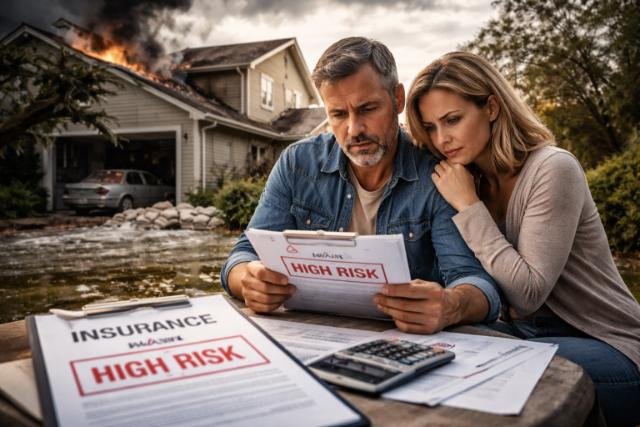 Couple reviewing high-risk home insurance documents outside their damaged home