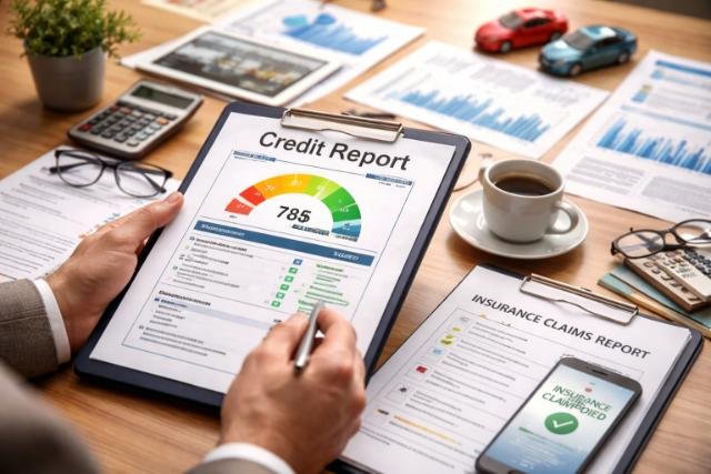 Credit report and insurance claim documents on desk showing risk analysis.