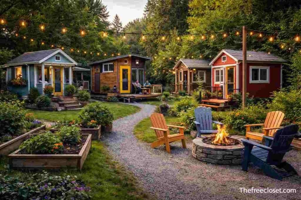Tiny Home Communities: Sustainable Living, Affordable Housing, and Social Connection Tiny home community with shared green space and small colorful houses