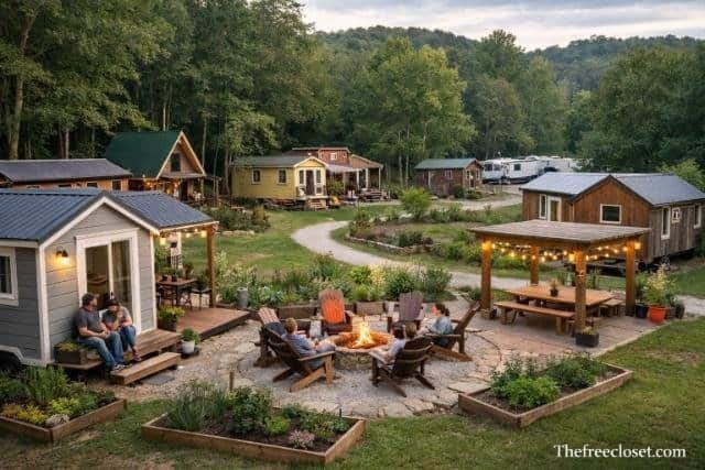 Tiny home community with shared outdoor space and small affordable houses