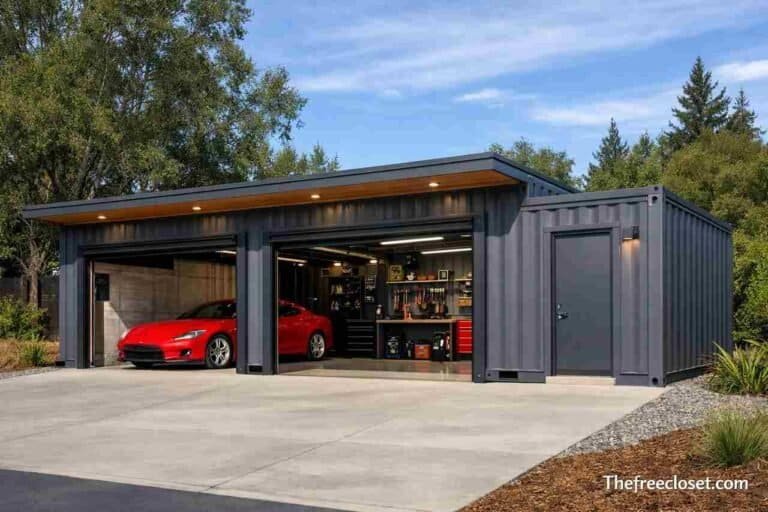 Modern shipping container garage with dual doors and driveway