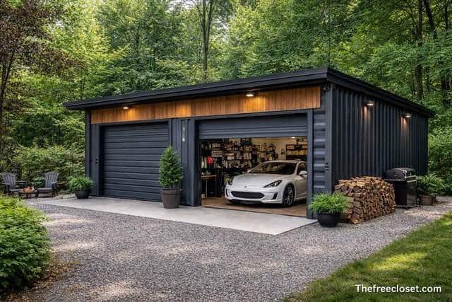 Modern shipping container garage with double doors in a backyard setting