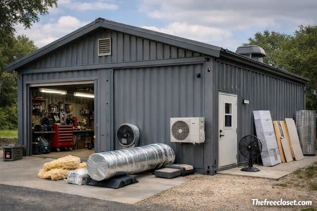 Shipping container garage with insulation and ventilation system installed