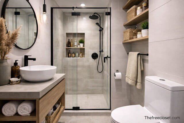 Limited space small bathroom design with glass shower and floating vanity