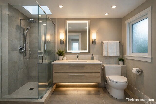 Small bathroom with layered lighting and floating vanity
