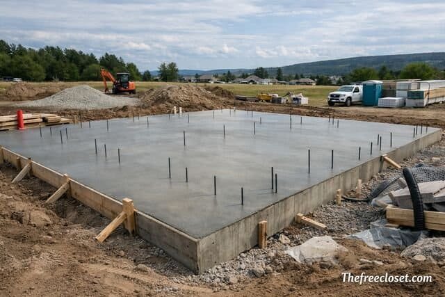 Concrete slab foundation with rebar at construction site