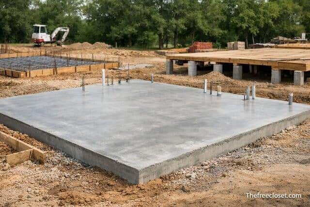 Concrete slab foundation at residential construction site
