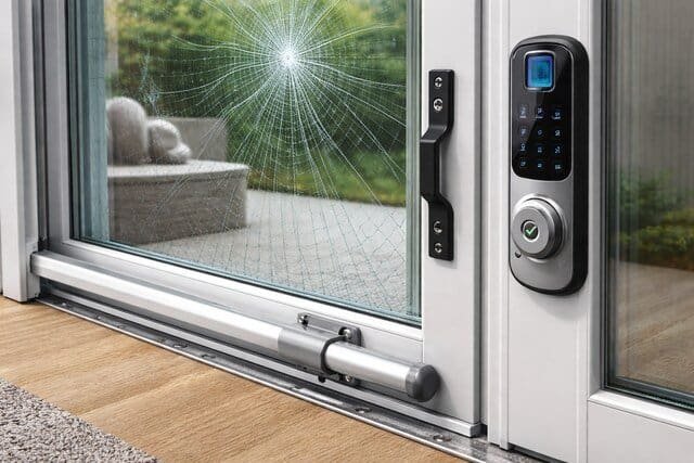 Reinforced sliding door track with security bar and smart lock installed