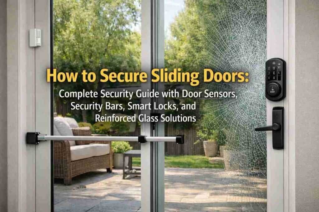 Sliding glass door secured with security bar, smart lock, and reinforced glass
