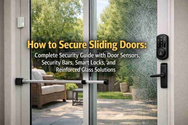 How to Secure Sliding Doors: Complete Security Guide with Door Sensors, Security Bars, Smart Locks, and Reinforced Glass Solutions Sliding glass door secured with security bar, smart lock, and reinforced glass