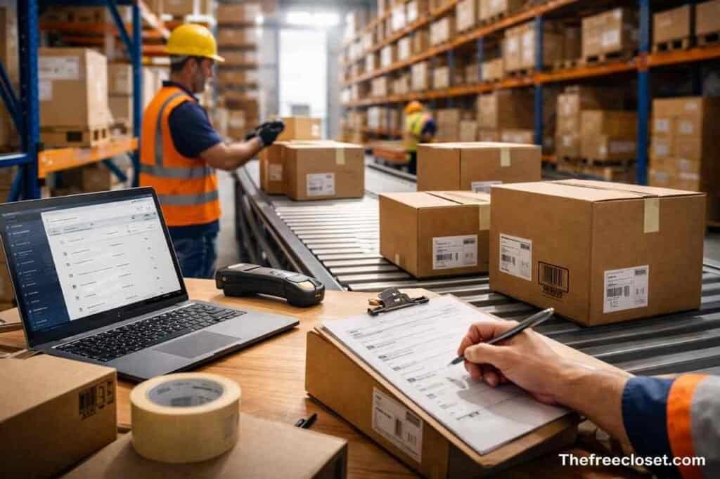 Origin post preparing shipment process in warehouse