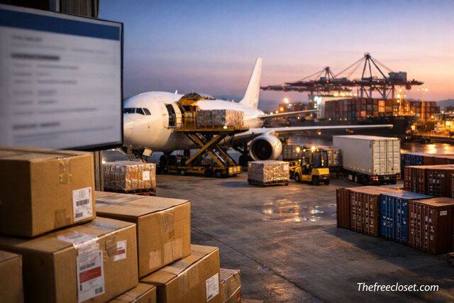 International shipping hub with cargo plane, containers, and packages representing tracking status updates