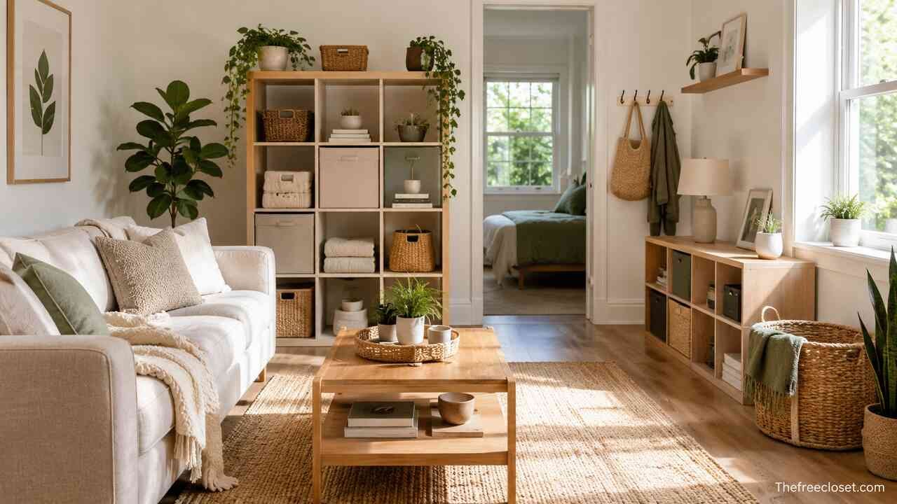Neatly organised modern home with clutter-free living room and practical storage solutions.