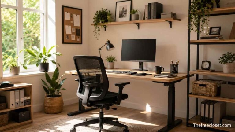 Modern home office setup with ergonomic desk, chair, and natural lighting for productive remote work.