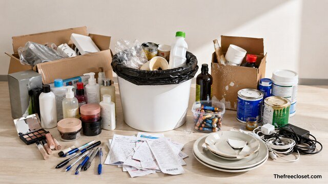 Remove obvious rubbish and expired items during home decluttering.