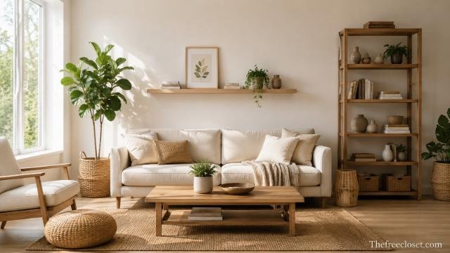 Bright, decluttered living room with organised shelves and neutral décor