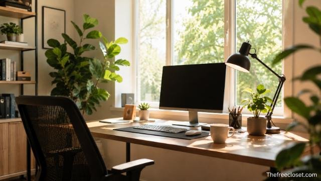 Modern workspace with natural daylight and ergonomic desk setup for better productivity and eye comfort.