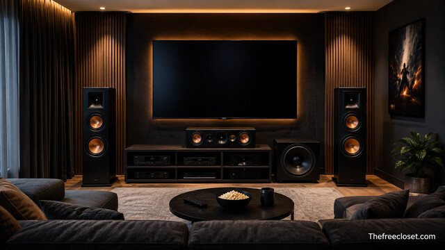 Modern home theater audio system with surround sound speakers and TV