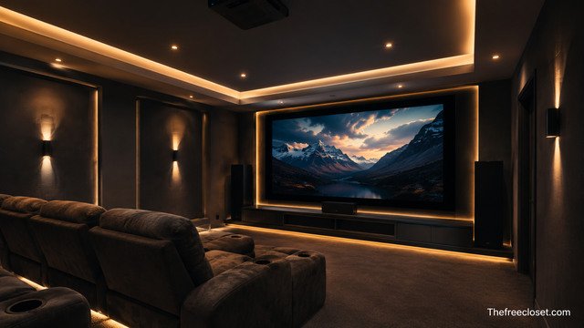 Modern home theater with ambient LED lighting installed