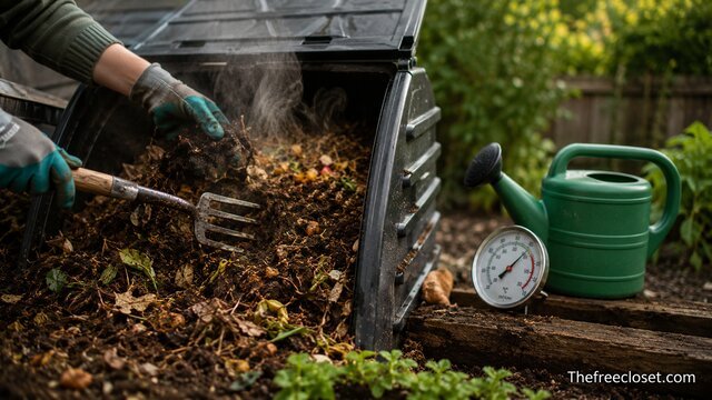 Person turning a compost pile to maintain proper moisture and airflow for efficient decomposition.