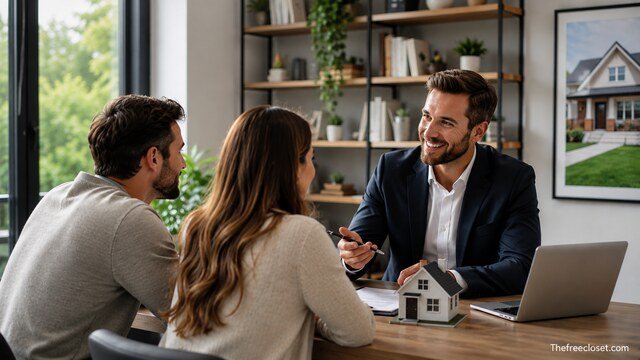 Real estate agent helping home buyers review property options