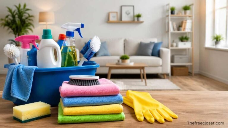 Home cleaning hacks with essential cleaning supplies for a faster routine.