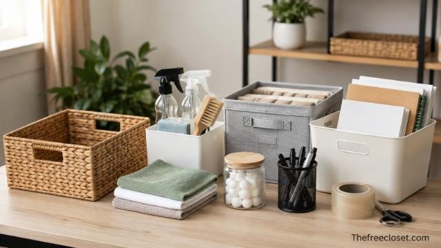 Essential decluttering supplies for organizing and cleaning a home.