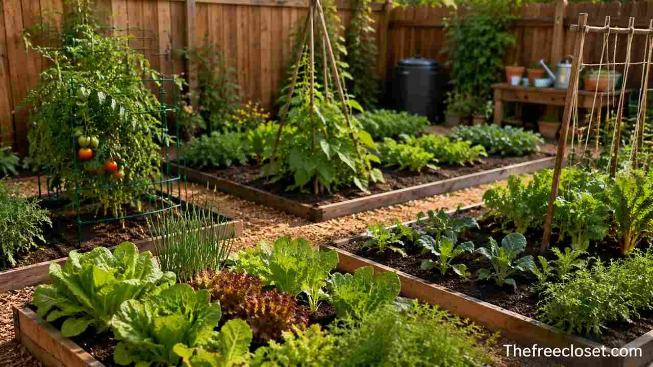 Beginner vegetable garden layout with raised beds and fresh plants