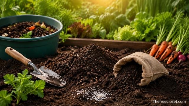 Healthy soil preparation with compost and garden vegetables