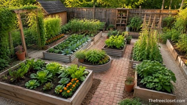 Vegetable garden layout with raised beds and pathways