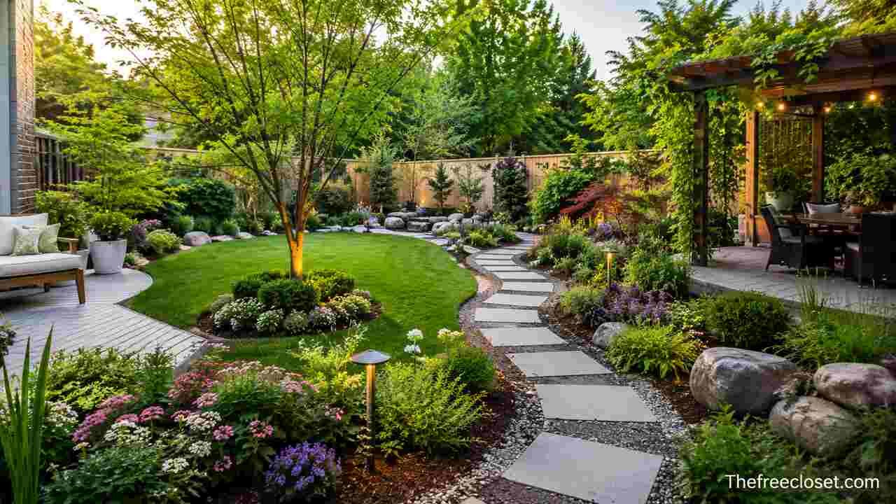 Functional garden layout with plants, pathways, lawn, seating, and landscape elements
