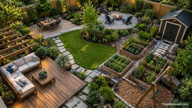 Functional garden zones with seating, dining, planting, lawn, and recreation areas