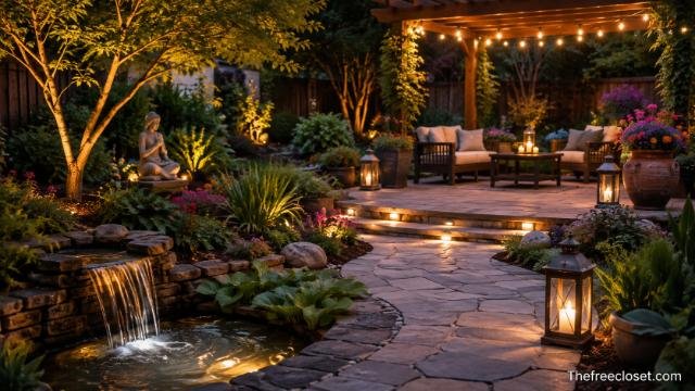 Decorative garden features with water feature, lighting, sculpture, plants, and outdoor furniture.