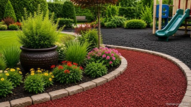 Rubber mulch used in a durable decorative landscape and playground area