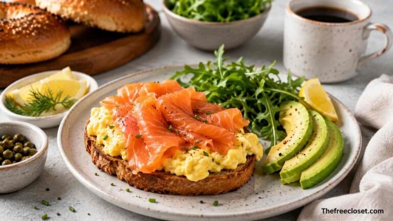 Healthy smoked salmon breakfast with eggs, avocado, toast, and fresh greens.