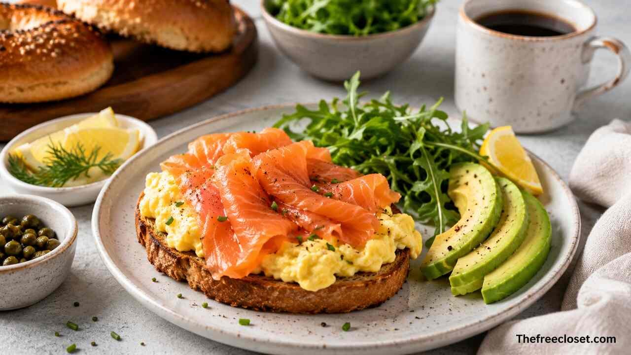Healthy smoked salmon breakfast with eggs, avocado, toast, and fresh greens.