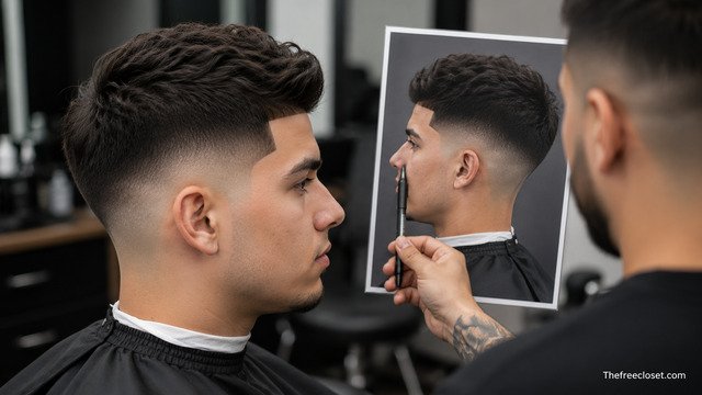 Client asking barber for a precise skin fade.