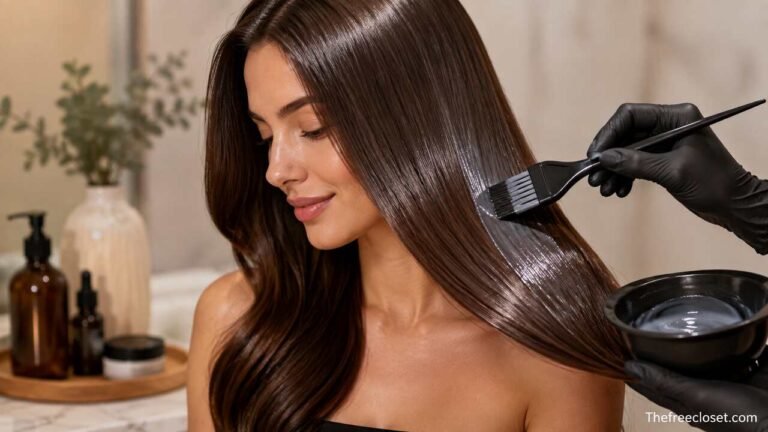 Hair glaze treatment being applied to smooth, shiny brown hair