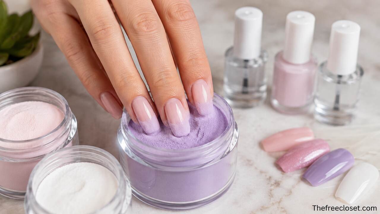SNS nails being dipped into colored nail powder