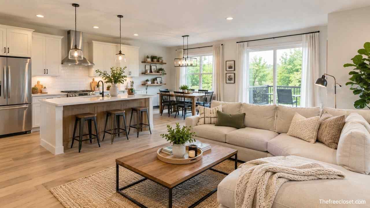 Small house open concept kitchen and living room with a modern, spacious layout