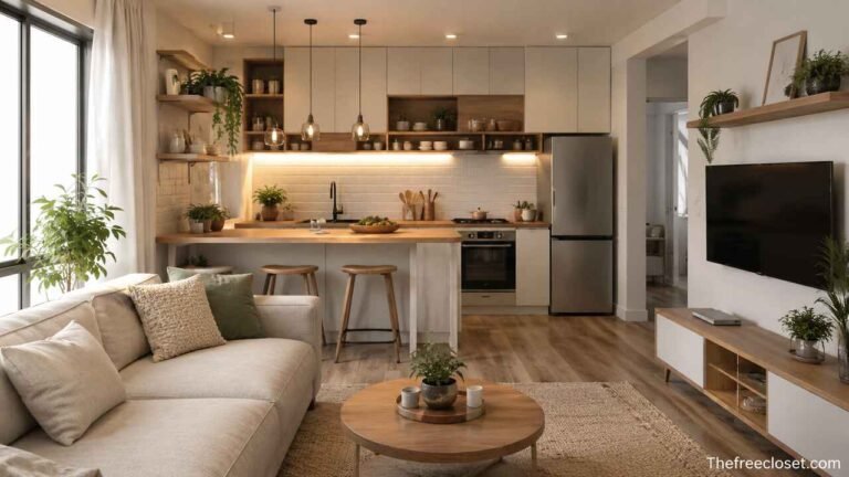 Modern very small open plan kitchen living room with smart space-saving design.