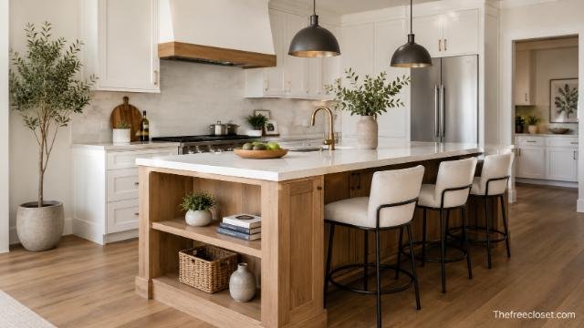 Modern kitchen with a functional island featuring seating and storage.