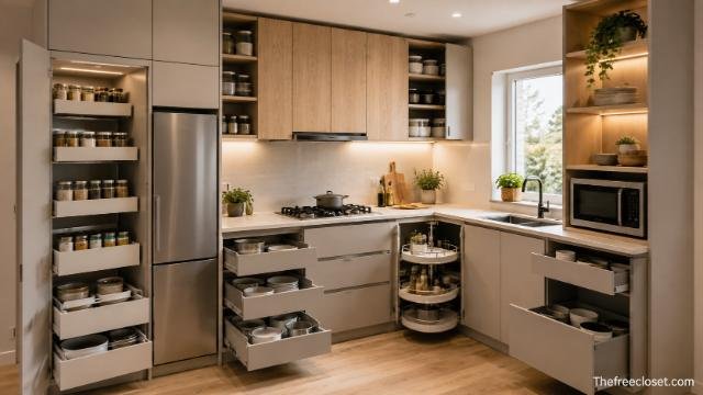 Space-saving kitchen cabinets with smart storage solutions in a modern small kitchen.