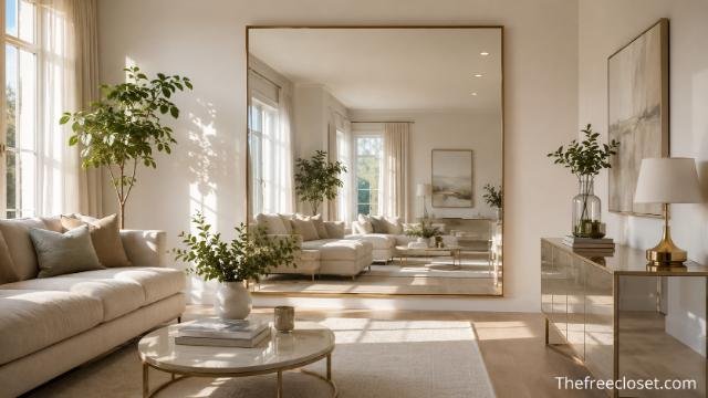 Large wall mirror reflecting natural light in a modern living room.